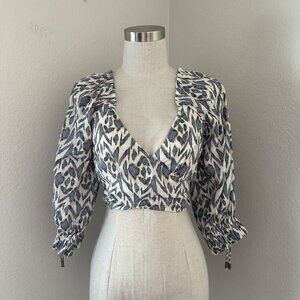 Kivari Cropped Wrap Blouse V Neck 3/4 Sleeve Linen Lightweight Breathable Sz 6